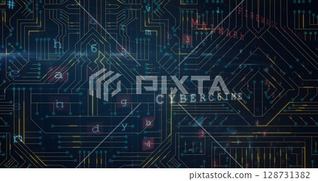Image of cyber security data processing over microprocessor connections against blue background 128731382