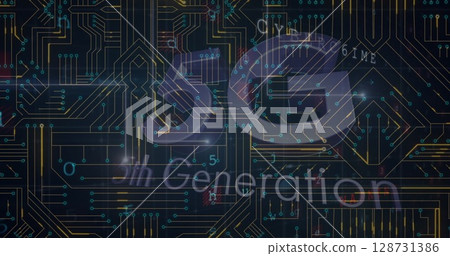 Displaying translucent 5G text with 5th Generation label on dark graphic with circuit board pattern 128731386