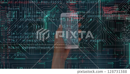 Image of data processing and microprocessor connections over hand holding a smartphone 128731388