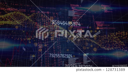 Image of changing numbers and digital wave over data processing against blue background 128731389