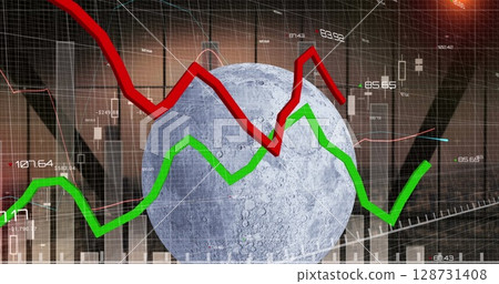 Image of statistical data processing over moon against view of cityscape from office window 128731408