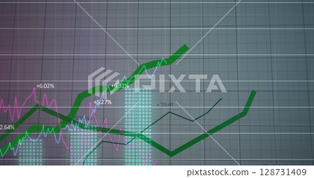 Image of green line financial data processing over grid Image of green line financial data processing over grid 128731409