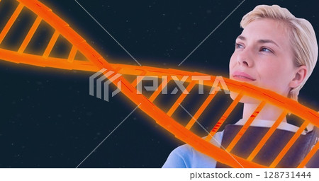Image of dna over caucasian woman with book on black background Image of dna over caucasian woman with book on black background 128731444