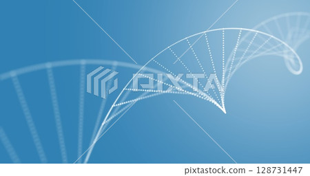 Displaying curved white dotted double helix swirling on blue gradient background, with DNA theme Displaying curved white dotted double helix swirling on blue gradient background, with DNA theme 128731447