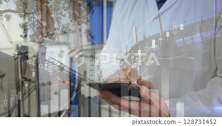 Image of statistics and data processing over caucasian man using tablet 128731452
