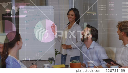 Image of graphs over diverse businesspeople during presentation 128731469