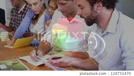 Image of statistical data processing over two caucasian men discussing over documents at office Image of statistical data processing over two caucasian men discussing over documents at office 128731470