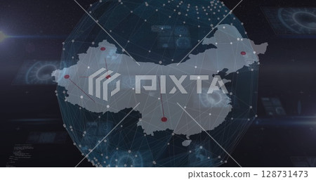 Image of globe rotating over map over screens on black background Image of globe rotating over map over screens on black background 128731473
