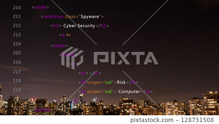 Image of data processing and numbers over cityscape 128731508