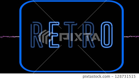 Neon RETRO sign pulsing blue glow in rectangular frame over dark void, with purple waveform line Neon RETRO sign pulsing blue glow in rectangular frame over dark void, with purple waveform line 128731515
