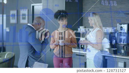 Image of financial data processing over diverse business people in office 128731527