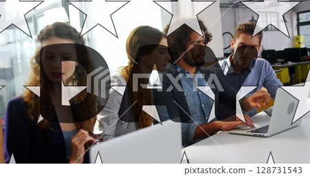 Image of stars and day text over diverse businesspeople in office 128731543