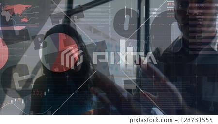 Image of financial data processing over diverse business people using laptop 128731555