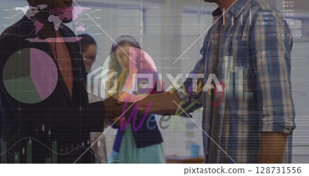 Image of weaning week text and data processing over diverse businessmen shaking hands 128731556
