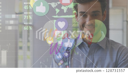 Image of social media icons and numbers over businessman and computer servers Image of social media icons and numbers over businessman and computer servers 128731557