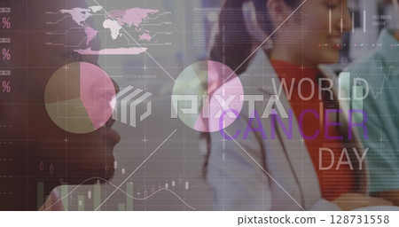 Image of world cancer day text and data processing over african american man talking at office 128731558