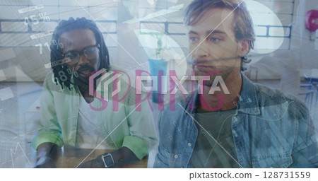 Image of spring text and data processing over diverse office colleagues discussing at office Image of spring text and data processing over diverse office colleagues discussing at office 128731559