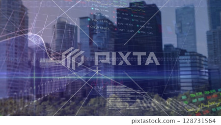 Image of financial data processing binary coding over cityscape Image of financial data processing binary coding over cityscape 128731564