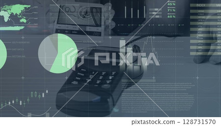 Image of financial data processing and statistics over payment terminal Image of financial data processing and statistics over payment terminal 128731570