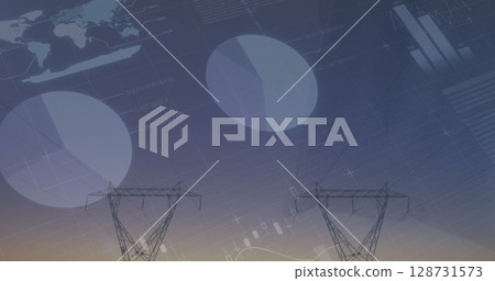 Image of financial data processing and statistics over electricity pylons 128731573