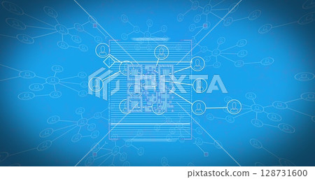 Image of qr code, connections and scanning on blue background Image of qr code, connections and scanning on blue background 128731600