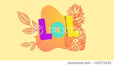 Image of lol over pineapple and orange shape on yellow background 128731620