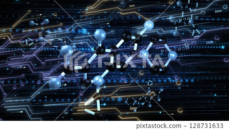 Image of data processing and molecule on black background Image of data processing and molecule on black background 128731633