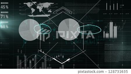 Image of data processing and shapes on black background Image of data processing and shapes on black background 128731635