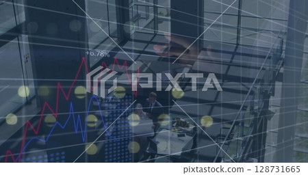 Image of financial data processing over businesswoman in office 128731665