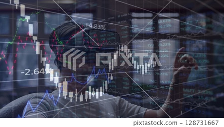 Image of data processing over african american man wearing vr headset 128731667