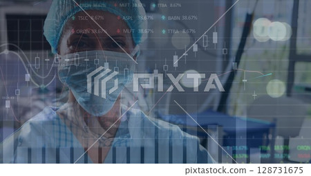 Image of data processing over diverse male doctor and face mask 128731675