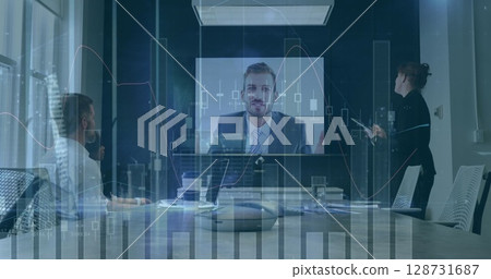 Image of financial data processing over diverse group of business people 128731687