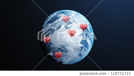 Image of falling hearts over spinning globe Image of falling hearts over spinning globe 128731715