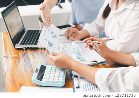 Teamwork meeting, business people in office workplace. Collaboration, technology and worker, employees with touchscreen planning sales, research or financial strategy, staff for conversation, graph 128731736