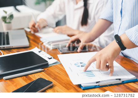 Teamwork meeting, business people in office workplace. Collaboration, technology and worker, employees with touchscreen planning sales, research or financial strategy, staff for conversation, graph 128731782