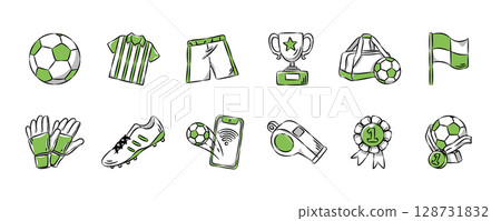 Soccer or Football hand drawn icon collection. Sports equipment concept. Set 1 of 3. Vector illustration. Soccer or Football hand drawn icon collection. Sports equipment concept. Set 1 of 3. Vector illustration. 128731832