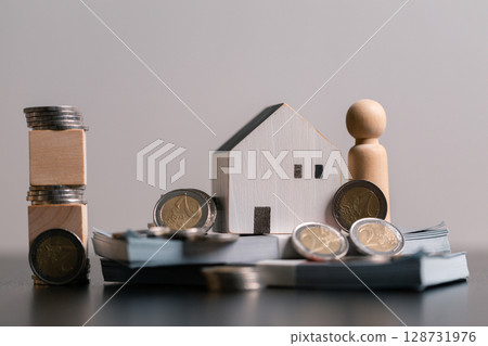Business home concept involves strategic financial management money coin save bank real estate economic loan investment development growth encourage accountancy buy income stack investment economy 128731976