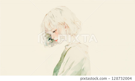 低頭女子的可愛水彩畫 低頭女子的可愛水彩畫 128732004