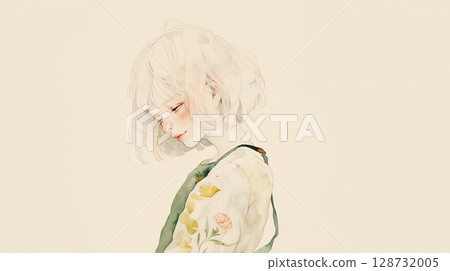 低頭女子的可愛水彩畫 128732005