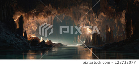 Mysterious cave stalactite stalagmite water rock underground adventure tranquil Mysterious cave stalactite stalagmite water rock underground adventure tranquil 128732077
