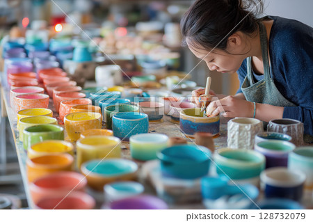 Colorful pottery artisan woman painting handmade creative studio focused Colorful pottery artisan woman painting handmade creative studio focused 128732079