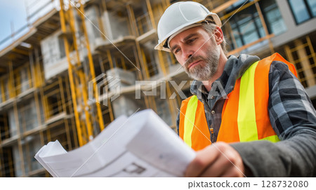 Focused construction worker in safety vest and hard hat, examining blueprints at an active building site. Focused construction worker in safety vest and hard hat, examining blueprints at an active building site. 128732080