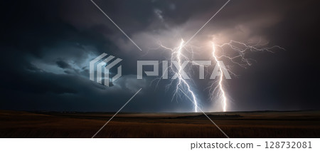 Lightning, storm, night, sky, landscape, dramatic bolts illuminate dark clouds over open field Lightning, storm, night, sky, landscape, dramatic bolts illuminate dark clouds over open field 128732081
