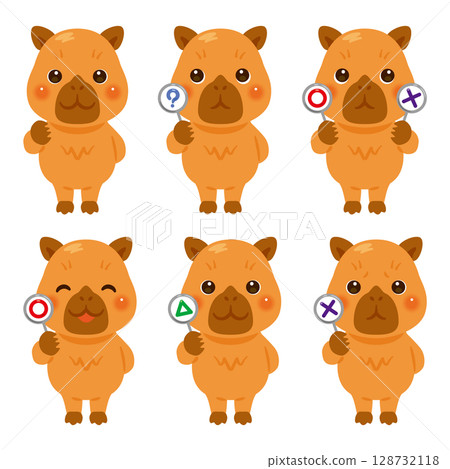 Capybara character illustration set holding circle, square and triangle cards 128732118