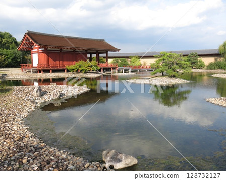 The Eastern Garden at the Heijo Palace ruins in Nara City (central building, pond, island, and bridge) 128732127