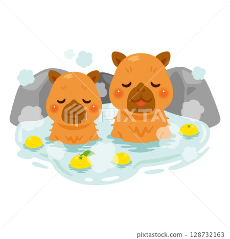 水豚泡溫泉的插畫-柚子浴 水豚泡溫泉的插畫-柚子浴 128732163