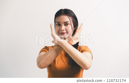 Asian girl expresses dislike, person express negative feeling, concept business complaint from customer ensuring employee satisfaction negative feedback to prevent mental strain customer dislike 128732174