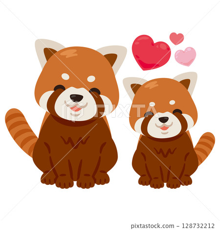 圖:一對微笑著的紅熊貓父母和孩子坐在一起 圖:一對微笑著的紅熊貓父母和孩子坐在一起 128732212