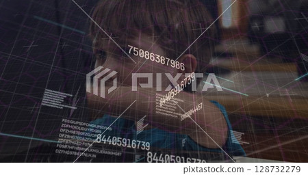 Watching boy in blue hoodie analyzing numeric sequences, code in dimly lit room, holographic grid Watching boy in blue hoodie analyzing numeric sequences, code in dimly lit room, holographic grid 128732279