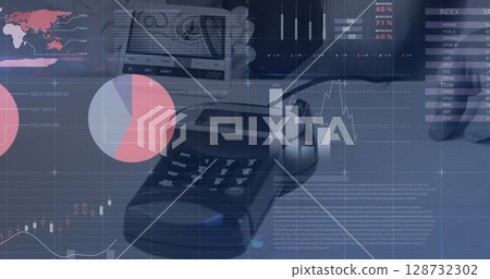 Hand holding banknote over payment terminal at office desk, with financial charts and smartphone Hand holding banknote over payment terminal at office desk, with financial charts and smartphone 128732302